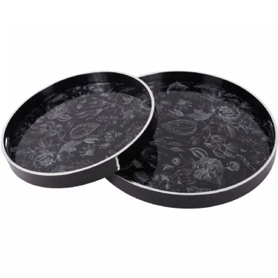 Set of 2 Black and White Floral Designed Round Nesting Trays