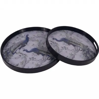 Set of 2 Peacock Design Round Nesting Trays in Blue Frame
