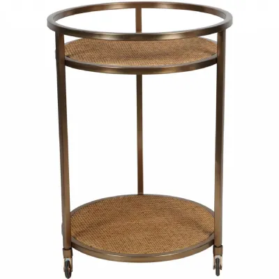 Small Gold Round Drinks Trolley with Natural Rattan Shelves
