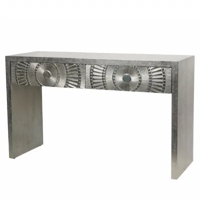 Silver Embossed Metal Rectangular 2 Drawer Console Table