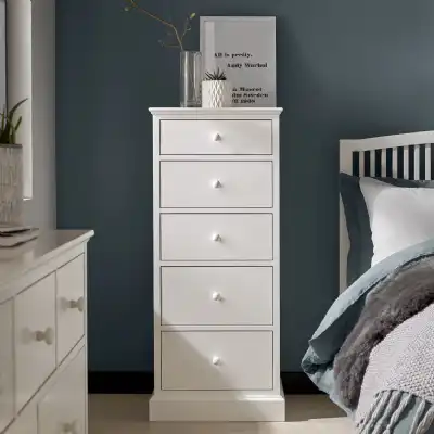 White Painted 5 Drawer Tall Chest of Drawers