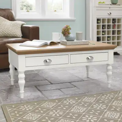 White Painted Oak Top Coffee Table 2 Drawers