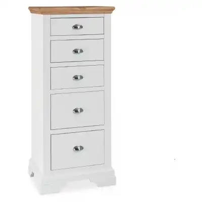 2 Tone Ivory Painted And Oak Top 5 Drawer Tallboy Chest