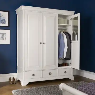 Large White Painted Triple 3 Door Wardrobe 3 Drawers
