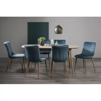 Light Oak Extending Dining Table Set 6 Blue Velvet Chairs