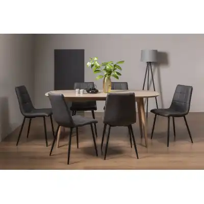 Light Oak Dining Table Set 6 Dark Grey Leather Chairs