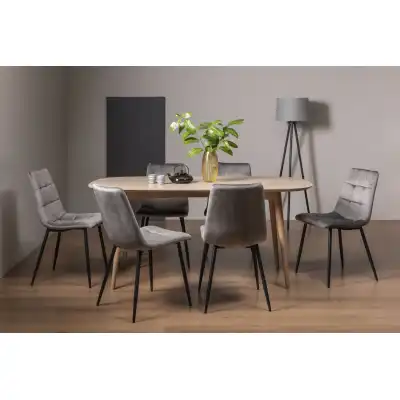 Scandi Oak Oval Dining Table Set 6 Grey Velvet Fabric Chairs