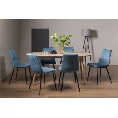 Scandi Oak Dining Table Set 6 Blue Velvet Chairs
