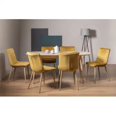 Scandi Oak Dining Table Set 6 Yellow Velvet Chairs