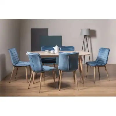 Scandi Oak Dining Table Set with 6 Blue Velvet Chairs