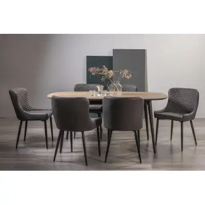 Weathered Oak Dining Table Set 6 Dark Grey Leather Chairs