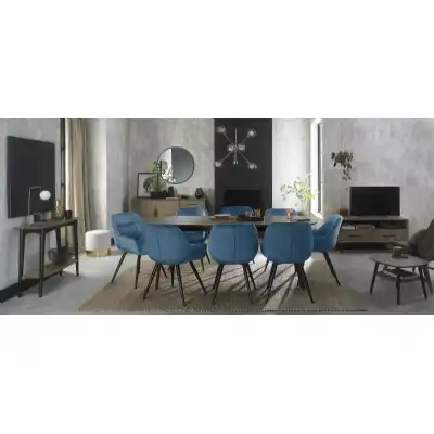 Weathered Oak Extending Dining Table Set 8 Blue Velvet Chairs
