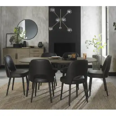 Weathered Oak Dining Table Set with 6 Grey Leather Chairs