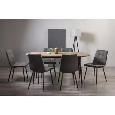 Weathered Oak Table 6 Dark Grey Leather Chairs Dining Set