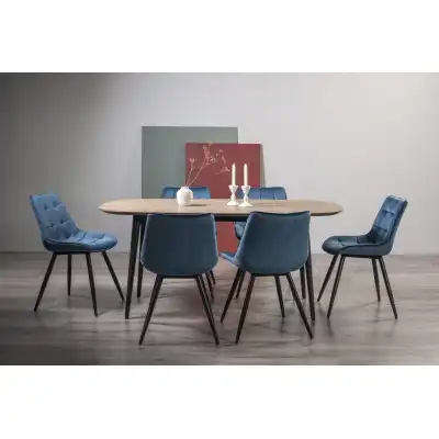 Weathered Oak Dining Set 6 Blue Velvet Fabric Chairs