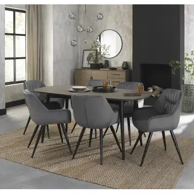Weathered Oak Dining Table Set 6 Grey Velvet Fabric Chairs