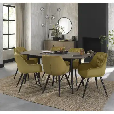 Weathered Oak Dining Table Set 6 Yellow Velvet Fabric Chairs