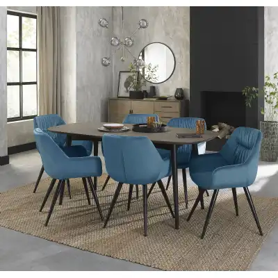 Weathered Oak Dining Table Set 6 Blue Velvet Chairs