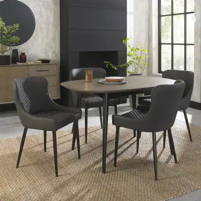 Weathered Oak Dining Table Set 4 Dark Grey Leather Chairs