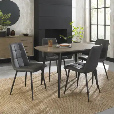 Weathered Oak Table 4 Dark Grey Leather Chairs Dining Set