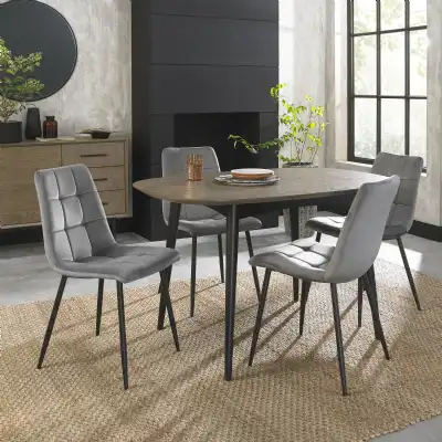 Dining Table Set Weathered Oak 4 Grey Velvet Fabric Chairs
