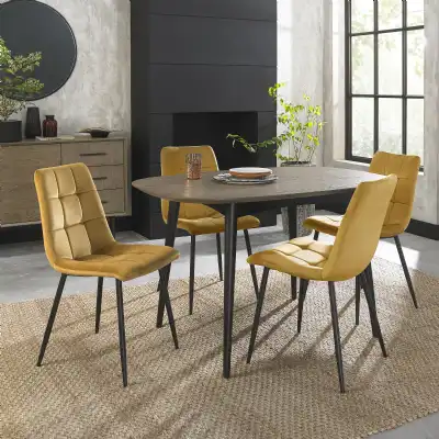 Weathered Oak Dining Table Set 4 Yellow Velvet Chairs Set
