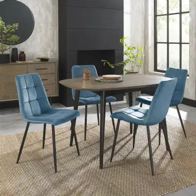 Weathered Oak Table 4 Blue Velvet Chairs Dining Set