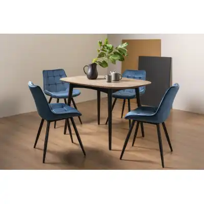 Weathered Oak Dining Table 4 Blue Velvet Fabric Chairs Set