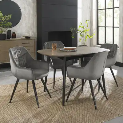 Weathered Oak Dining Table 4 Grey Velvet Fabric Chairs Set