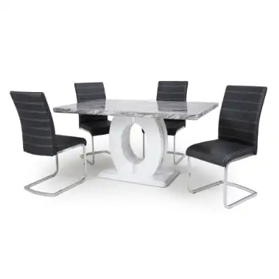 Marble Top Dining Table Set 4 Black Leather Chairs