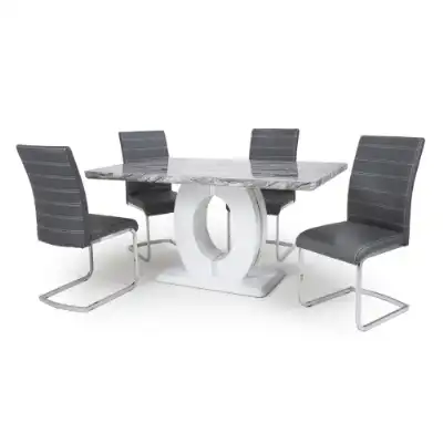 Marble Top Dining Table Set with 4 Grey Leather Chairs