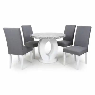 Marble Top Round Dining Table Set 4 Steel Grey Chairs