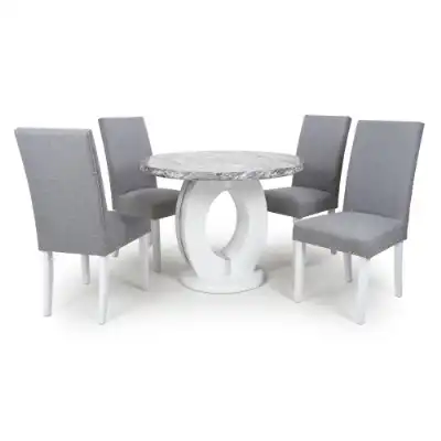 Marble Top Round Dining Table Set 4 Silver Grey Chairs
