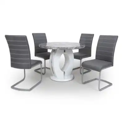 Marble Round Dining Table Set 4 Grey Leather Chairs