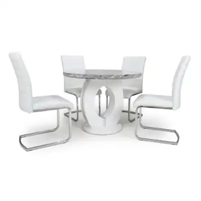 Marble Round Dining Table Set 4 White Leather Chairs