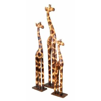 Set Of 3 Wooden Handcrafted and Painted Giraffes Ornaments