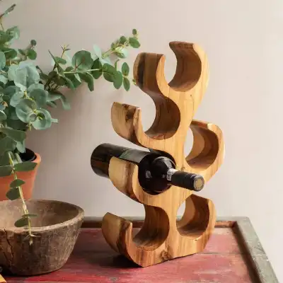 Sculptured Teak Wood 6 Wine Bottle Holder