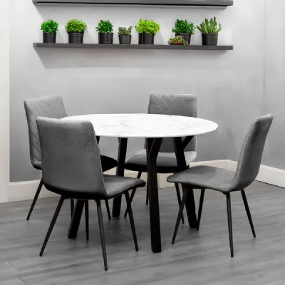 Dining Set 1.1m Marble Round Table And 4 x Grey Chairs