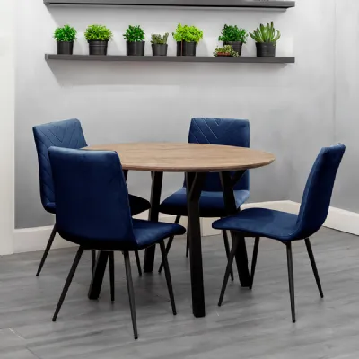 Dining Set 1.1m Oak Finish Round Table And 4 x Blue Chairs