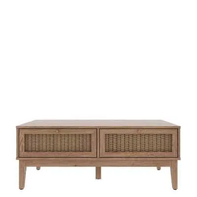 Boho Chic Oak Wooden 2 Drawer Coffee Table with Rattan Fronts