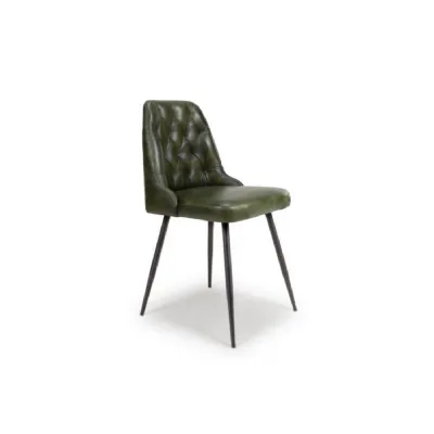 Green Leather Buttoned Dining Chair with Black Metal Legs