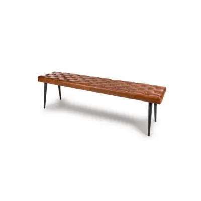 Tan Brown Leather Dining Bench with Black Metal Legs