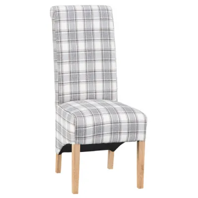 Brown Grey Tartan Checked Fabric Dining Chair Oak Legs