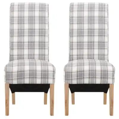 Set of 6 Oak Grey Brown Tartan Checked Dining Chairs