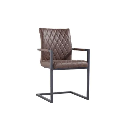 Industrial Metal And Brown PU Leather Upholstered Dining Room Carver Chair 90 x 55cm