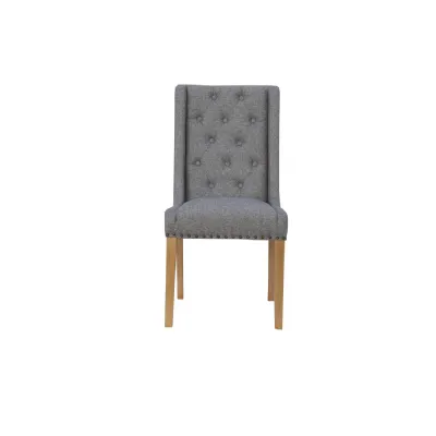 Modern Oak Wood Light Grey Fabric Upholstered Buttoned Back Dining Chair 103 x 51cm