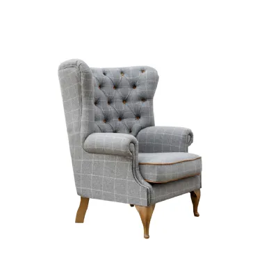 Traditional Grey Tan Button Back Wing Chair