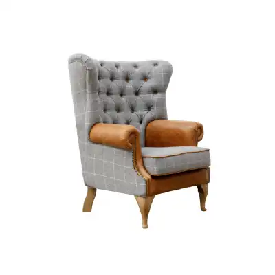 Checked Grey and Tan Brown Leather Wing Chair