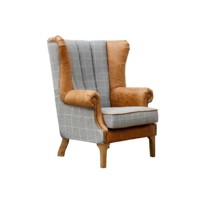 Grey Check Leather And Fabric Fluted Wing Chair