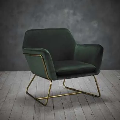 Racing Green Velvet Fabric Upholstered Luxury Armchair Gold Metal Framed